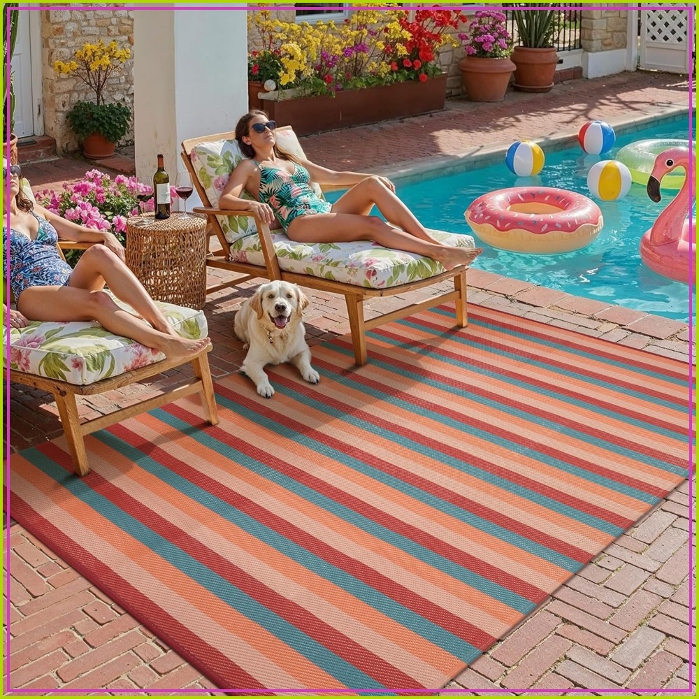 Outdoor Camping Decke - Tapis d'extérieur 5x8 rayé orange et